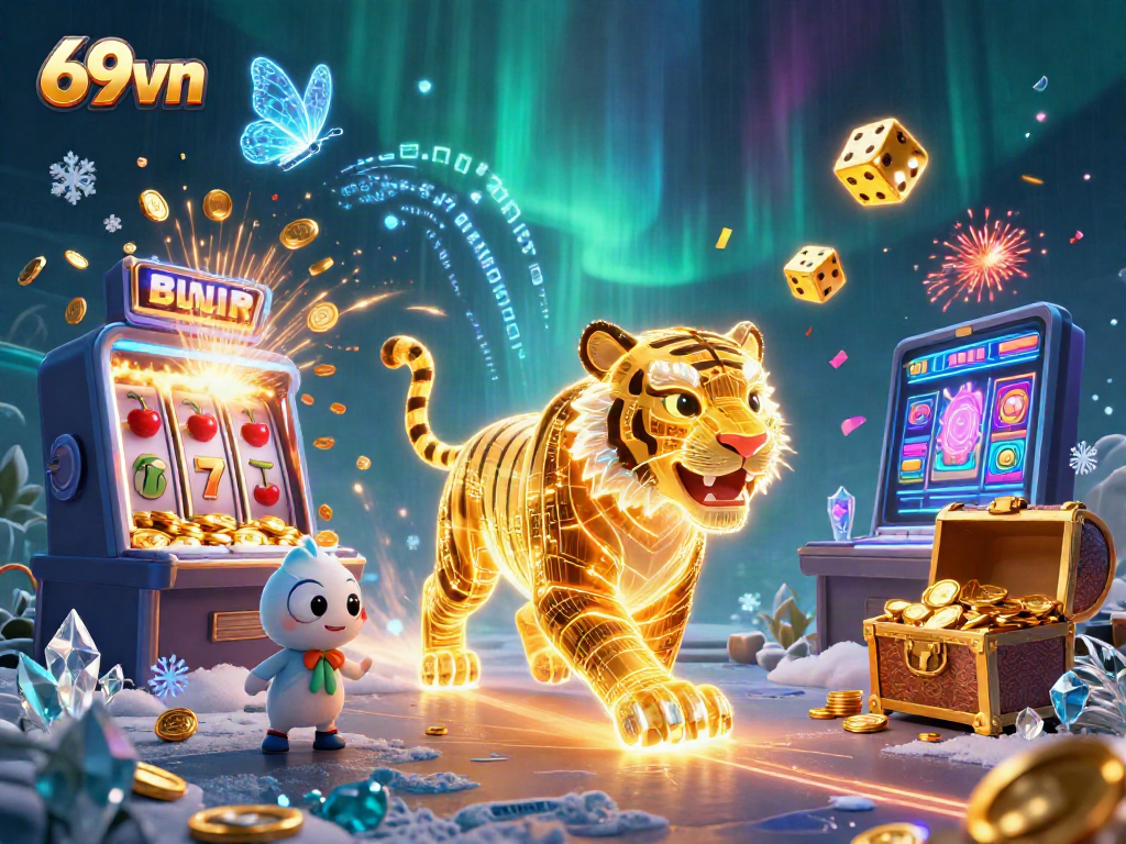 Experience thrilling gaming with 69vn featuring a neon golden tiger and vibrant casino visuals.