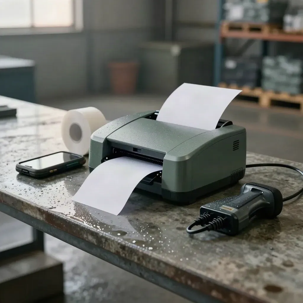 Rainy warehouse hero shot of a label printer, scanner, rolls, cradle, and cable dock.