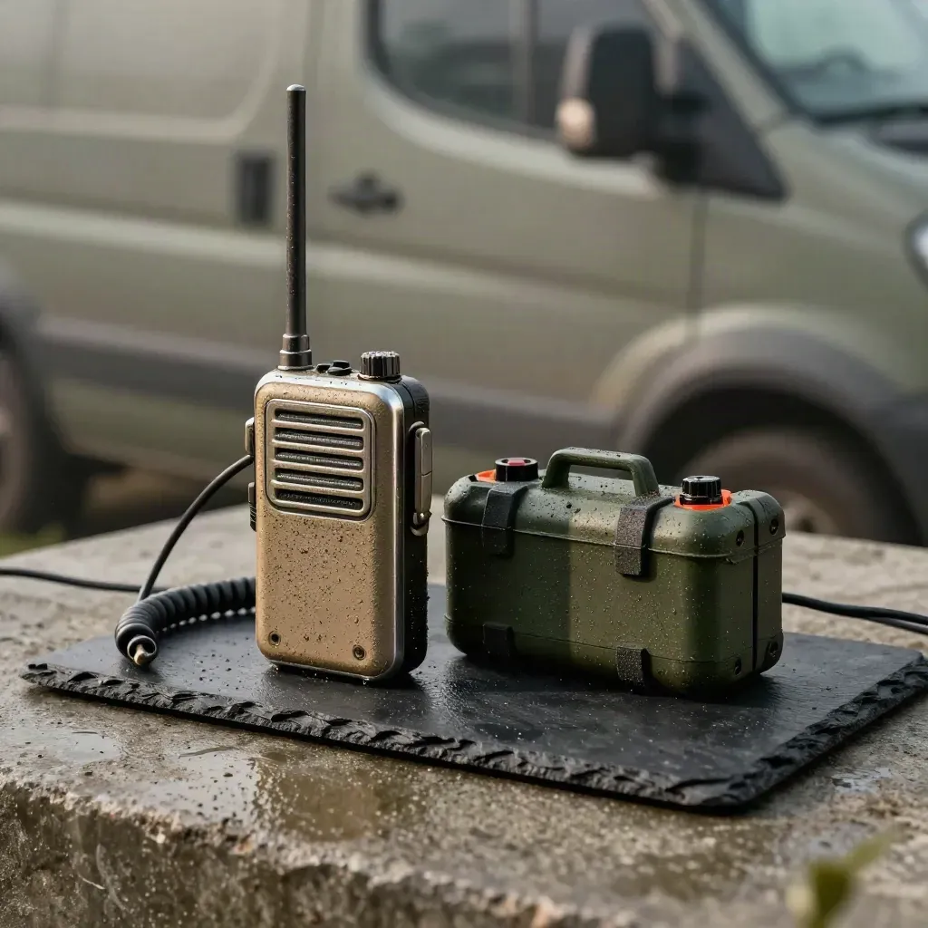 Mud-splashed handheld radio beside battery pack and cable in dramatic side light.