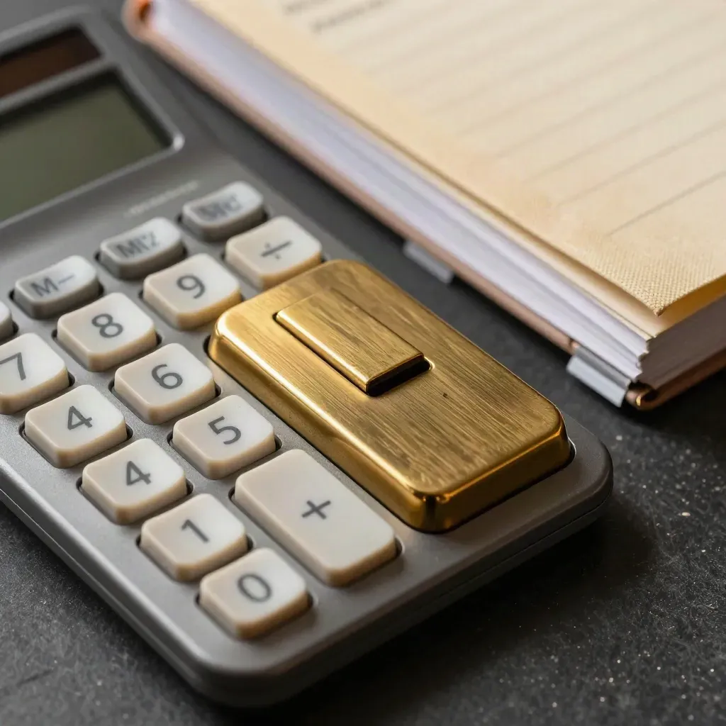 Macro still life of calculator, brass paperweight, ledger and binder clips on a dark surface.