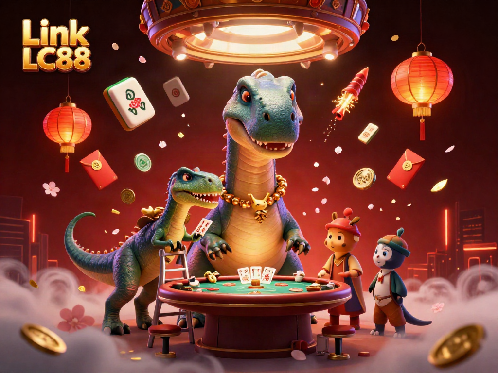 Join the action with Link LC88 featuring a brontosaurus and clever raptor amid exciting casino games.