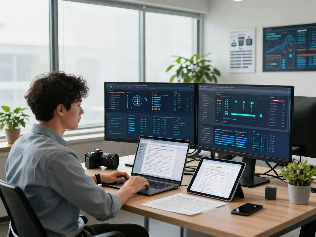 Analyst reviewing document fraud detection solution data on multiple screens in a modern office.