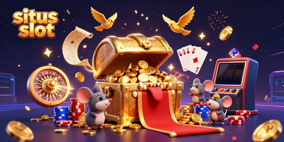 Experience the excitement of situs slot with this vibrant 3D casino scene, featuring treasures and casino games.