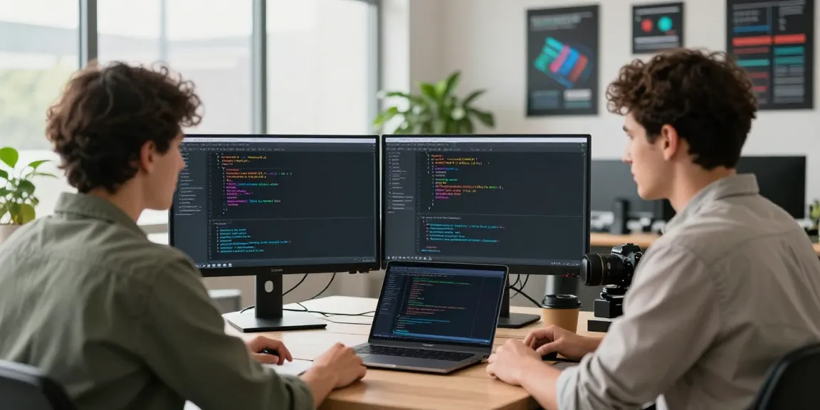 Software engineer coding large language models in a modern office setting with dual monitors and natural light.