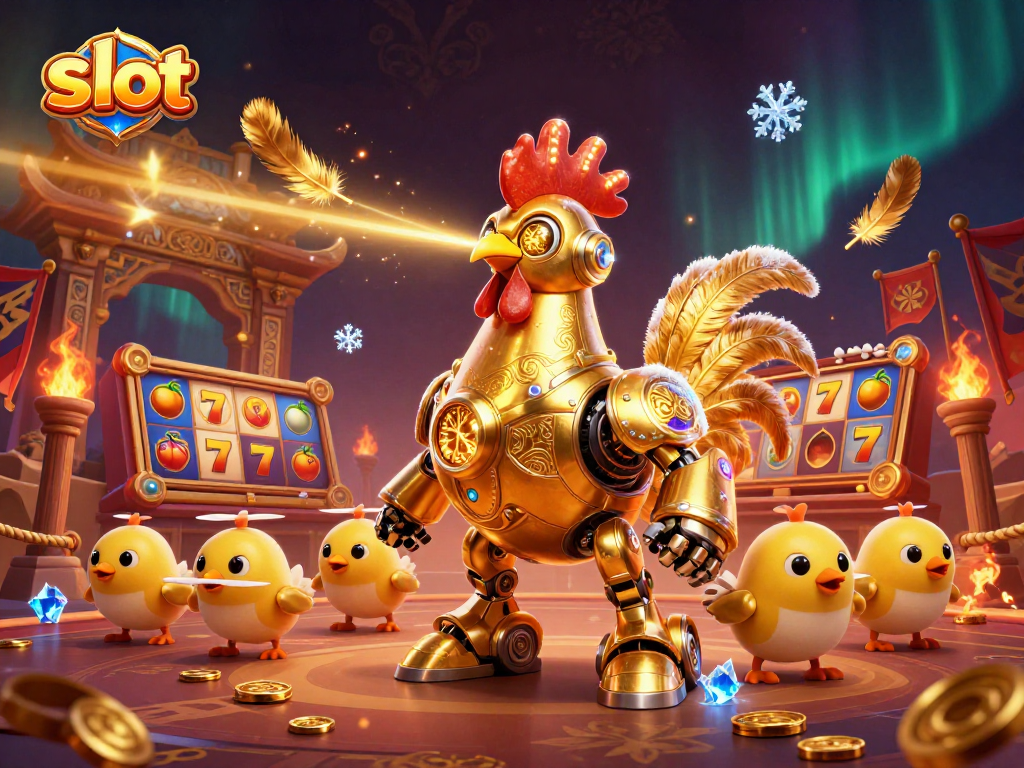 Engage with captivating slot gameplay featuring a golden rooster robot with baby chick drones.