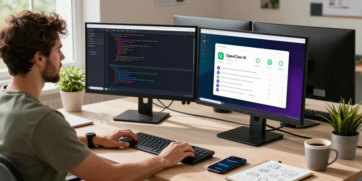 An engaging workspace with a developer using OpenClaw AI on dual monitors, showcasing productivity within a modern tech environment.