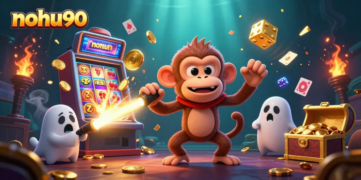 Catch golden winnings at nohu90 while a spirited puppy hunts for mischievous ghosts in a vibrant casino.