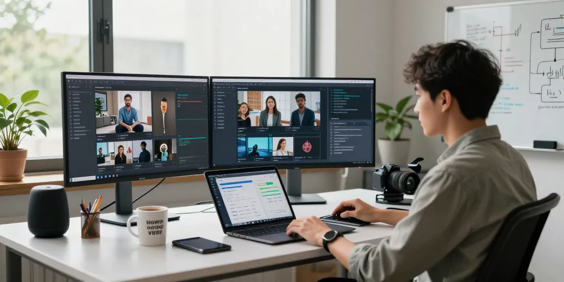 AI image detector software analysis in a modern workspace with monitors displaying moderation analytics.