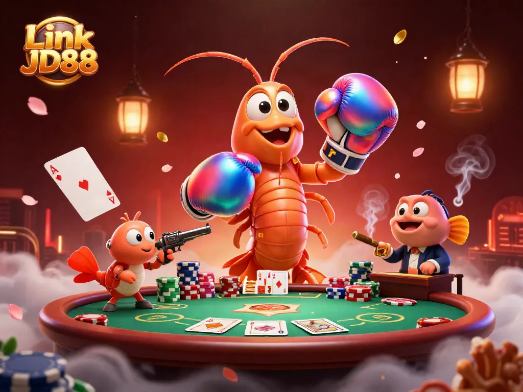 Engaging game action showcasing Link JD88 where a cartoon mantis shrimp celebrates a poker victory at a vibrant casino table.