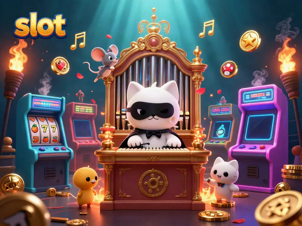Tampilkan slot mesin dengan karakter kucing opera bertopeng dan akrobat tikus menggugurkan kelopak mawar.