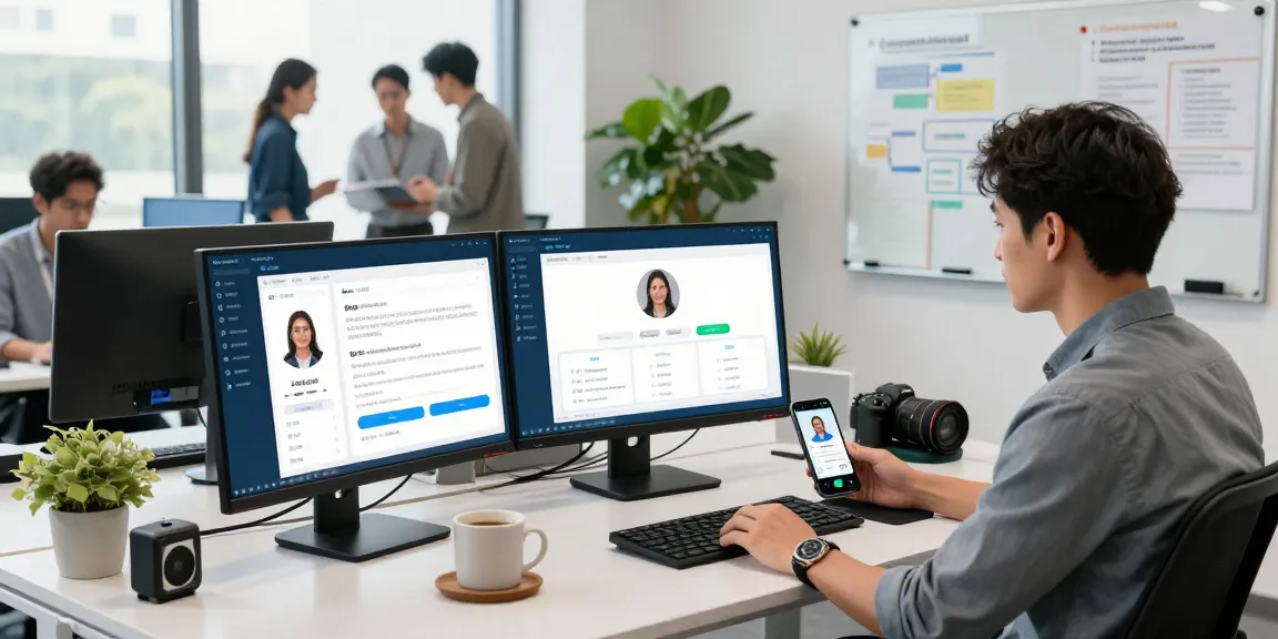 Innovative age verification system scene showing high-tech office with professionals integrating biometric solutions for compliance.