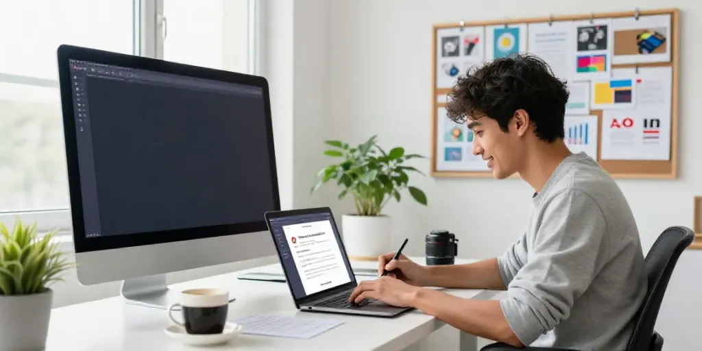 Creative professional using AI tools for Pinterest descriptions in modern workspace.