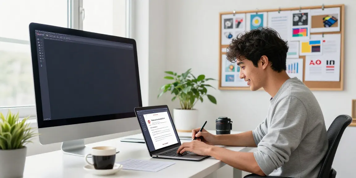 Creative professional using AI tools for Pinterest descriptions in modern workspace.