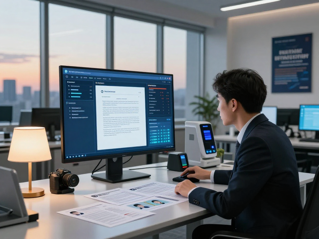 Cybersecurity analyst utilizing document fraud detection technology in a modern office environment, showcasing advanced analytical tools.