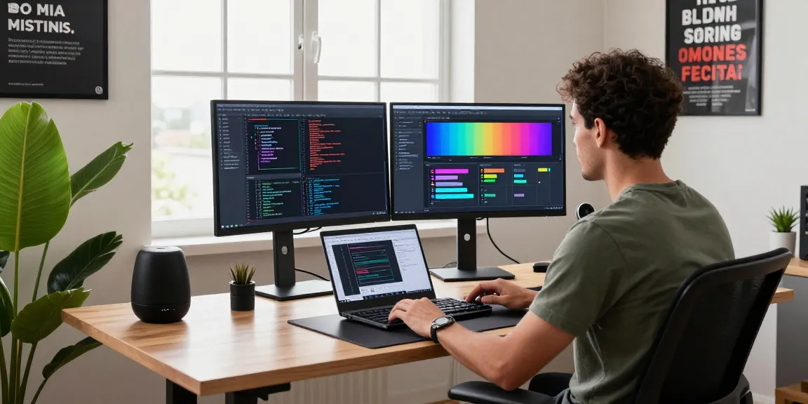 A software developer at a tech workspace with colorful coding screens and modern gadgets at https://raja328.com/.