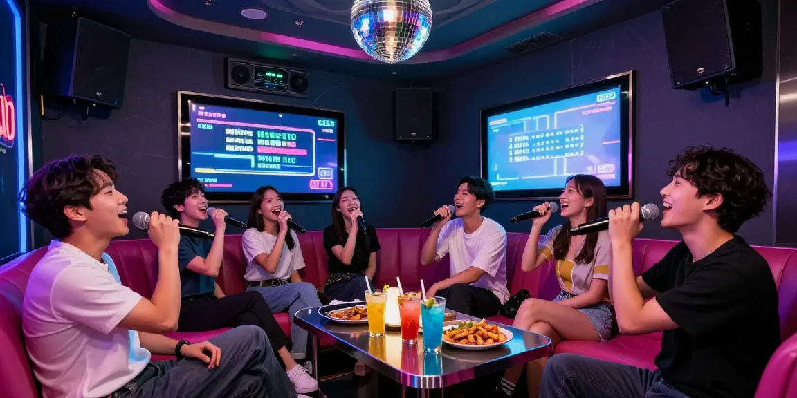 Group of friends enjoying a fun night at 강남노래방, singing with excitement in a vibrant karaoke room.
