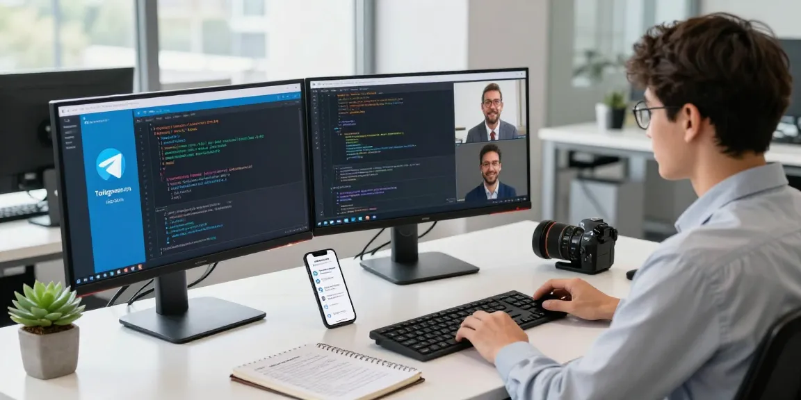 Illustration of professional workspace with telegramin-cn.com interface on monitors, showcasing teamwork and technology.