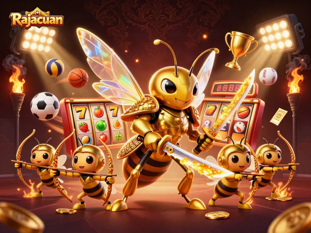 Rajacuan brings excitement to the gaming scene with a dynamic display of vibrant characters and casino elements like slot reels.