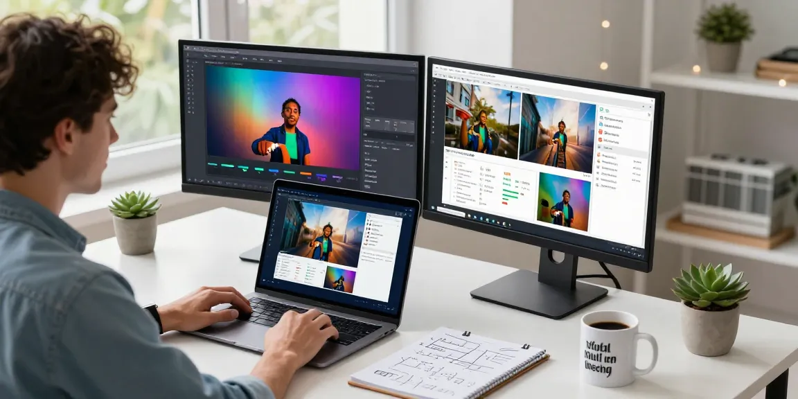 AI image detector tool in a modern workspace analyzing images on dual monitors, showcasing image formats and real-time results.