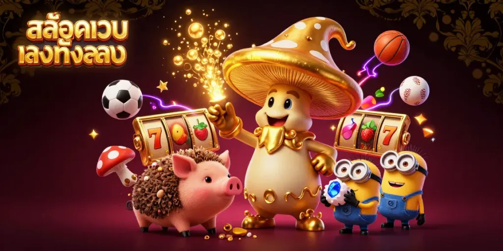 Experience excitement with สล็อตเว็บตรงทั้งหมด featuring a dynamic scene of a golden mushroom wizard surrounded by slots and sports elements.