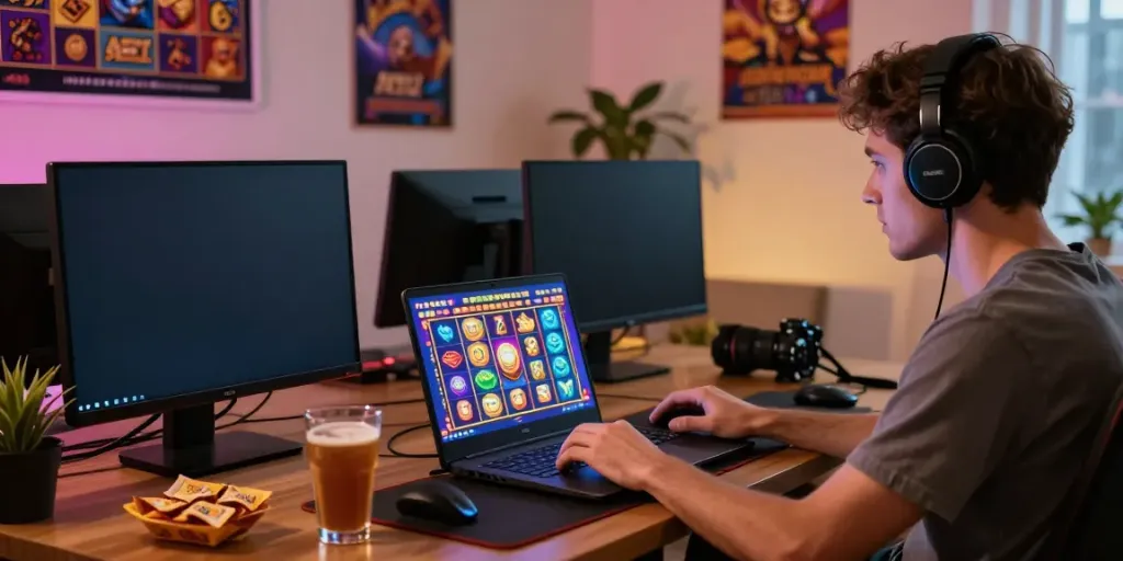 Engaged player enjoying an online slot game on a laptop in a cozy home setting.