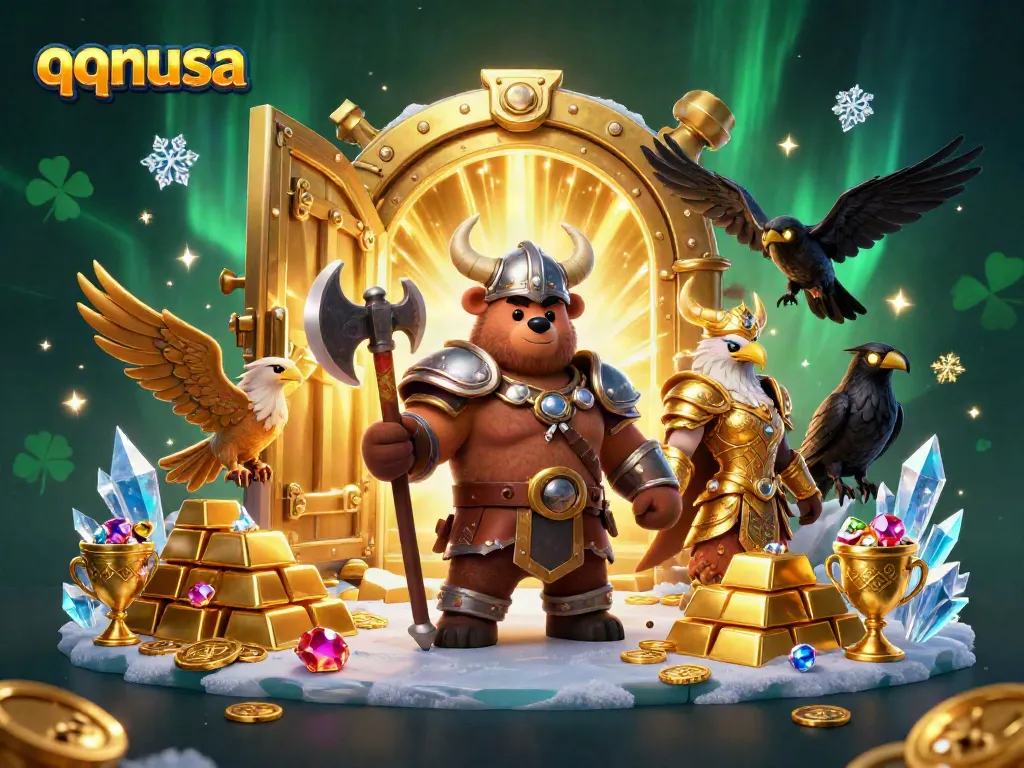 Experience the thrill of qqnusa as a Viking bear and armored eagle seize a treasure vault in an epic casino scene.