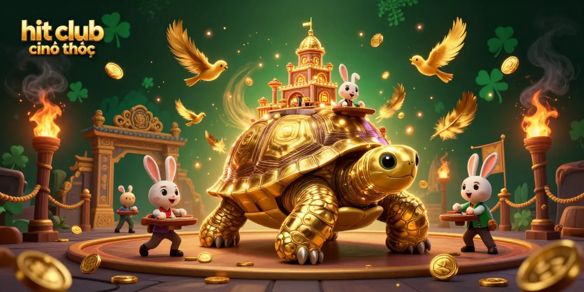 Experience the vibrant thrill of hit club chính thức with a golden tortoise and rabbit dealer, surrounded by festive coins.