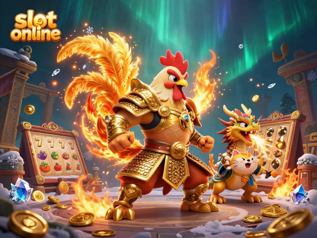 Experience the thrill of slot online games with a dynamic illustration of a fierce rooster warrior and a dragon hatchling amidst vibrant casino elements.