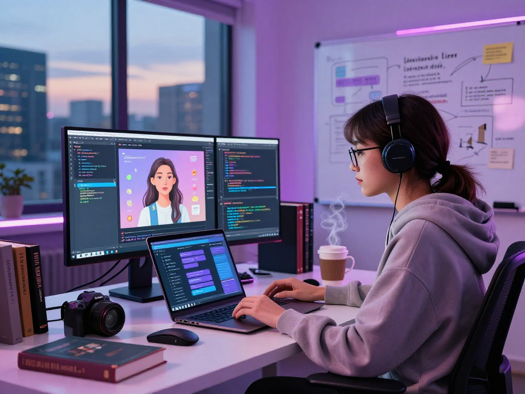 An AI developer crafting a virtual girlfriend app in a modern workspace filled with gadgets, coding books, and an interactive interface.