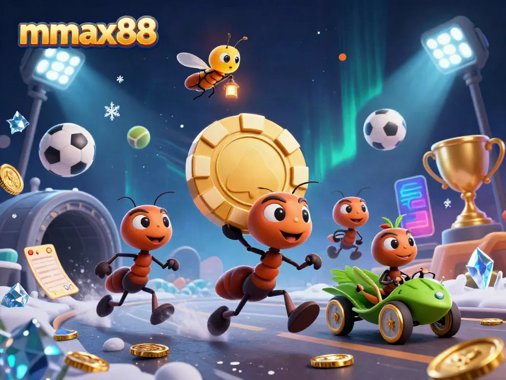 Ants carrying a giant poker chip in a vibrant 3D mmax88 casino illustration.