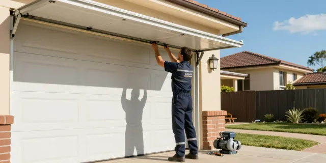 Panel lift door repair by a skilled technician in Kiara, showcasing tools and residential backdrop.