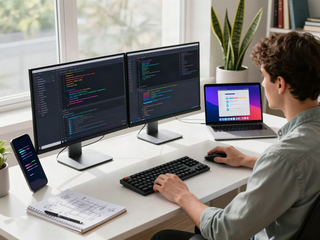 Developer using v2rayN in a modern workspace with dual monitors and coding elements.