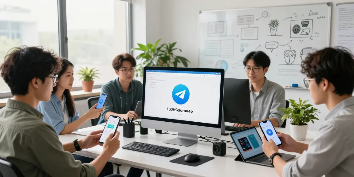 Group of tech enthusiasts examining the Telegram Android China APK download in a vibrant office setting, showcasing collaboration and innovation.
