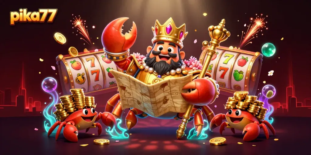Players spin slots and chase jackpots at pika77, featuring a crab emperor amidst vibrant casino symbols.