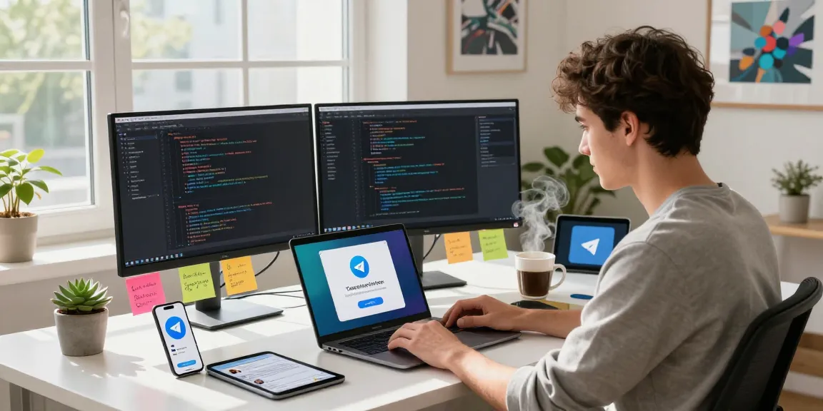 Setting up Telegram Chinese free app in a dynamic tech workspace with dual monitors and vibrant decor.