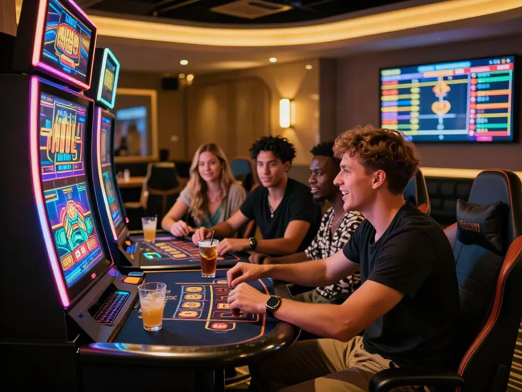 Engaging gambling lounge with diverse friends enjoying rokok88 alternatif gaming experience