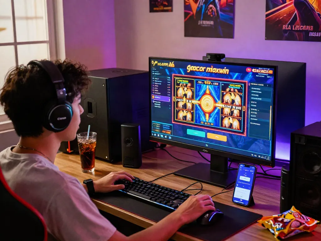 Engaging slot gacor maxwin gaming setup with colorful graphics, digital wallet app on smartphone.