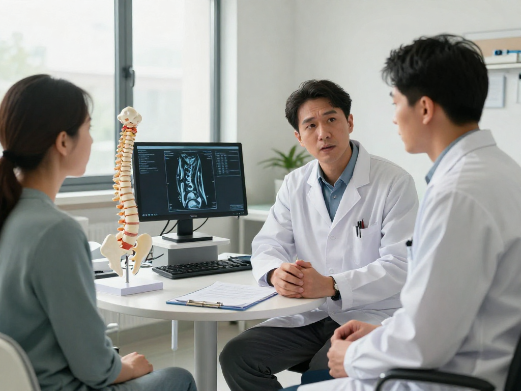Boyun fıtığı ameliyatı consultation with a surgeon explaining treatment options in a modern clinical setting.