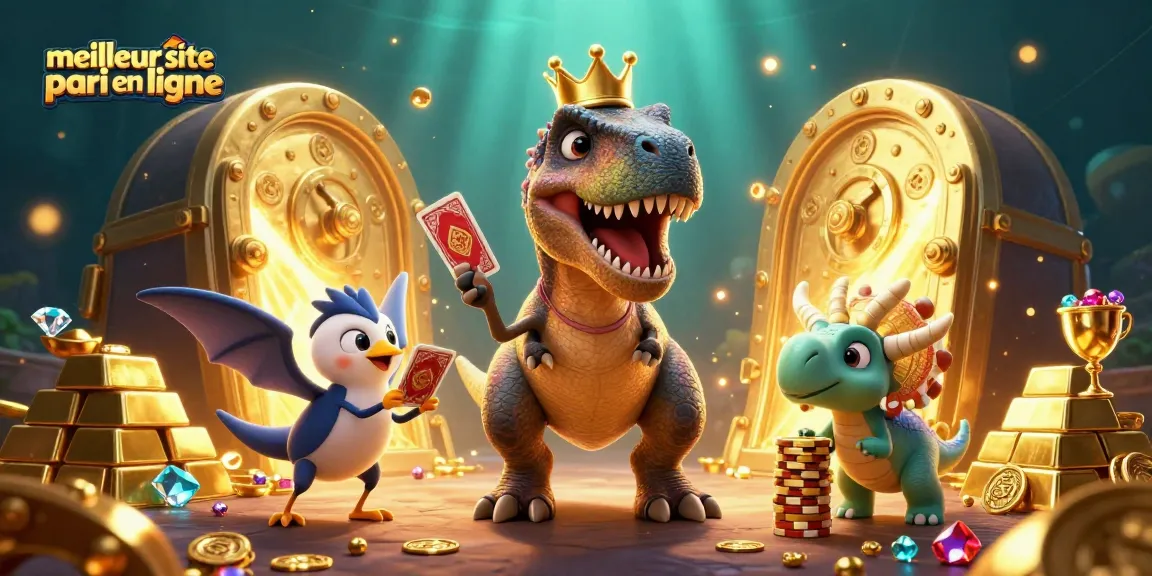 Pariez sur le meilleur site de pari en ligne avec des personnages de dinosaures amusants et des trésors brillants.