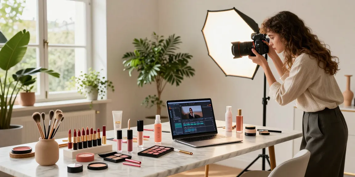 Fotografo di prodotti a Milano all'opera in studio, catturando cosmetici e accessori con una composizione creativa.