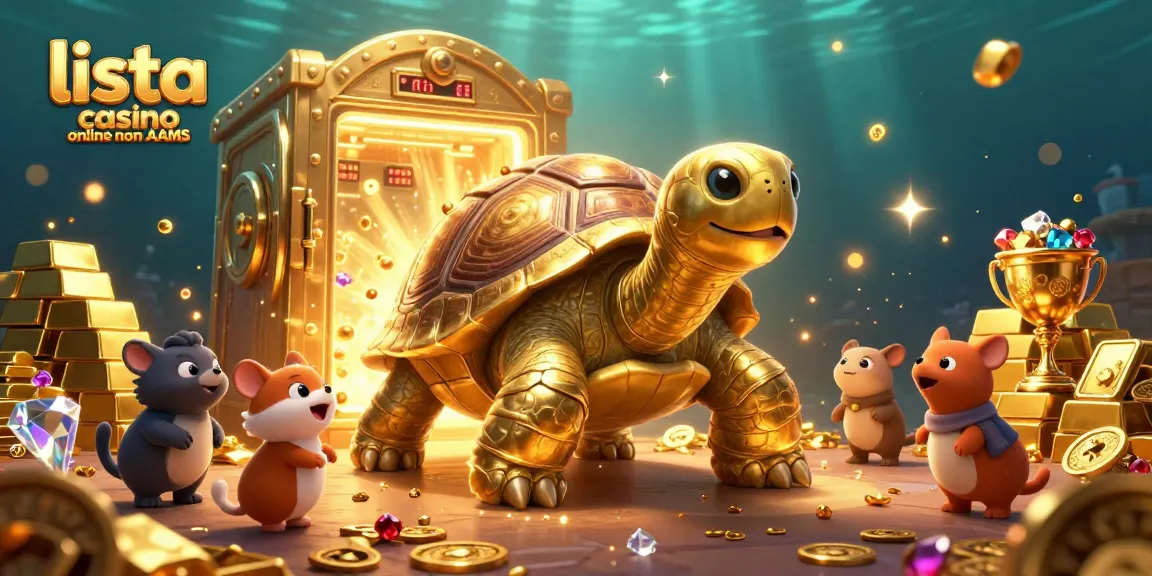 Illustrazione 3D di tortuga d'oro gigante che gioca al pinball nei migliori siti per la lista casino online non AAMS.