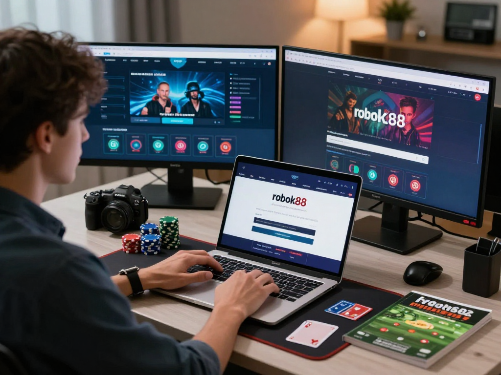 Engaged user accessing rokok88 login on multiple screens in a modern gaming setup.