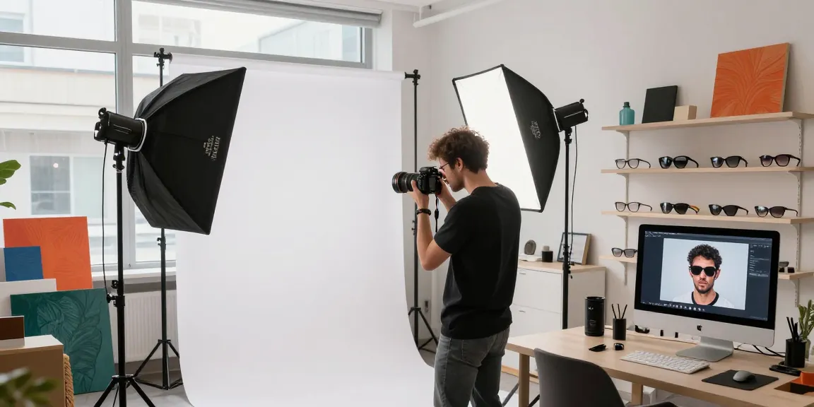 Le photographe de produits à Milan capturant des images de lunettes avec un éclairage professionnel.