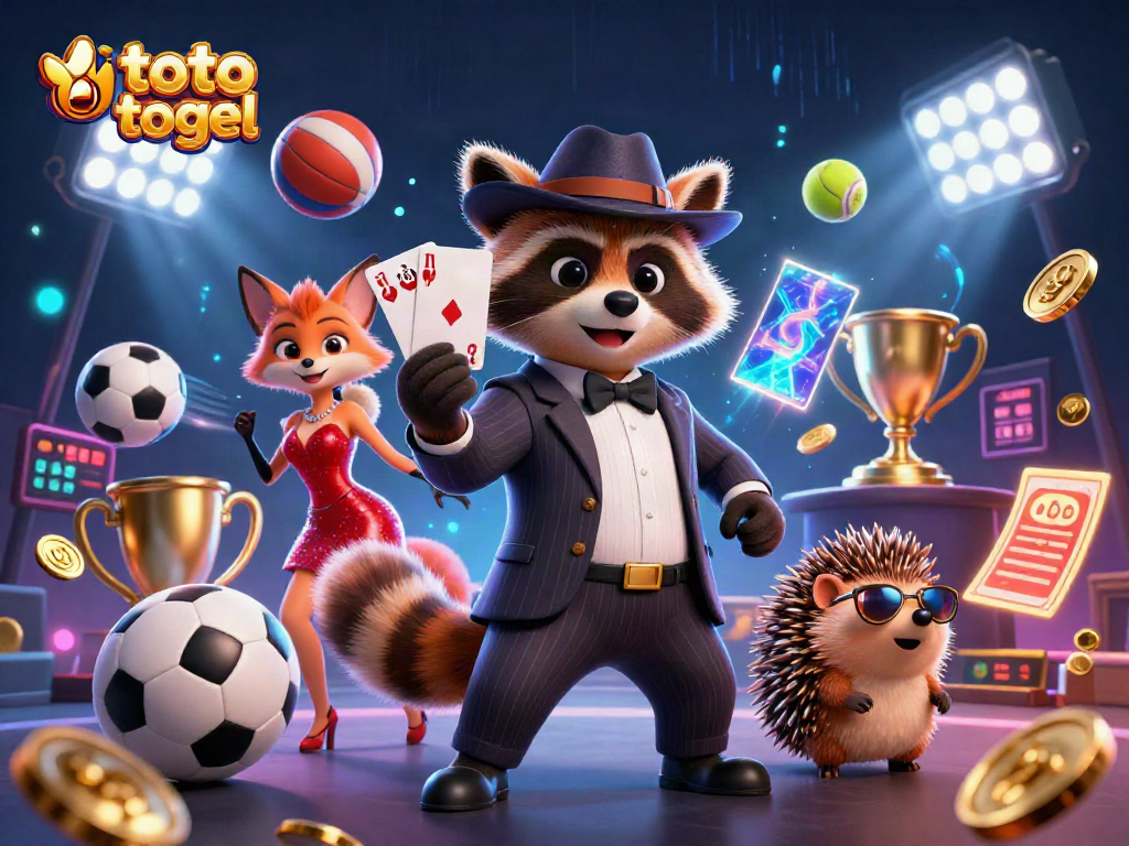 Toto togel showcases a suave raccoon, a charming fox, and a hedgehog bouncer in a vibrant 3D casino scene.
