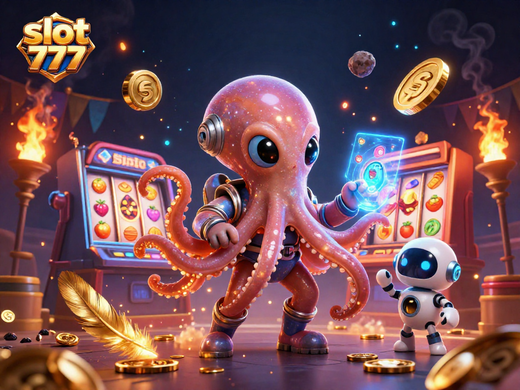 Experience exciting gameplay at slot 777 with alien octopus and robot, surrounded by vibrant casino elements.