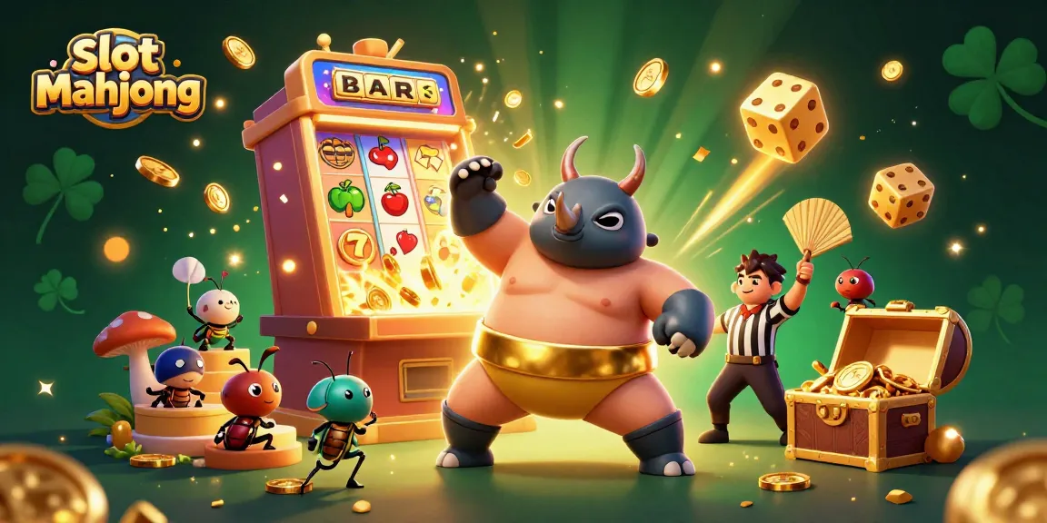 Experience the excitement of slot mahjong with a dynamic illustration of a beetle champion amidst a jackpot explosion.