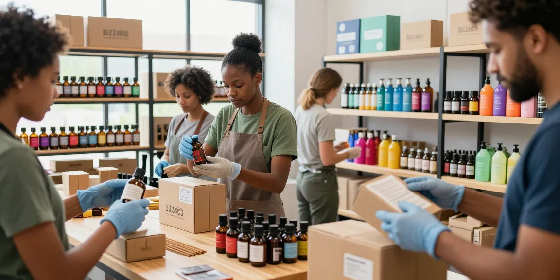 Buy Bizzarro liquid incense wholesale showcased in a vibrant e-commerce warehouse with active teamwork.