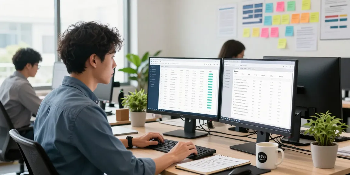 SEO backlink services analysis in a vibrant digital marketing office with professionals engaged in strategy discussions.