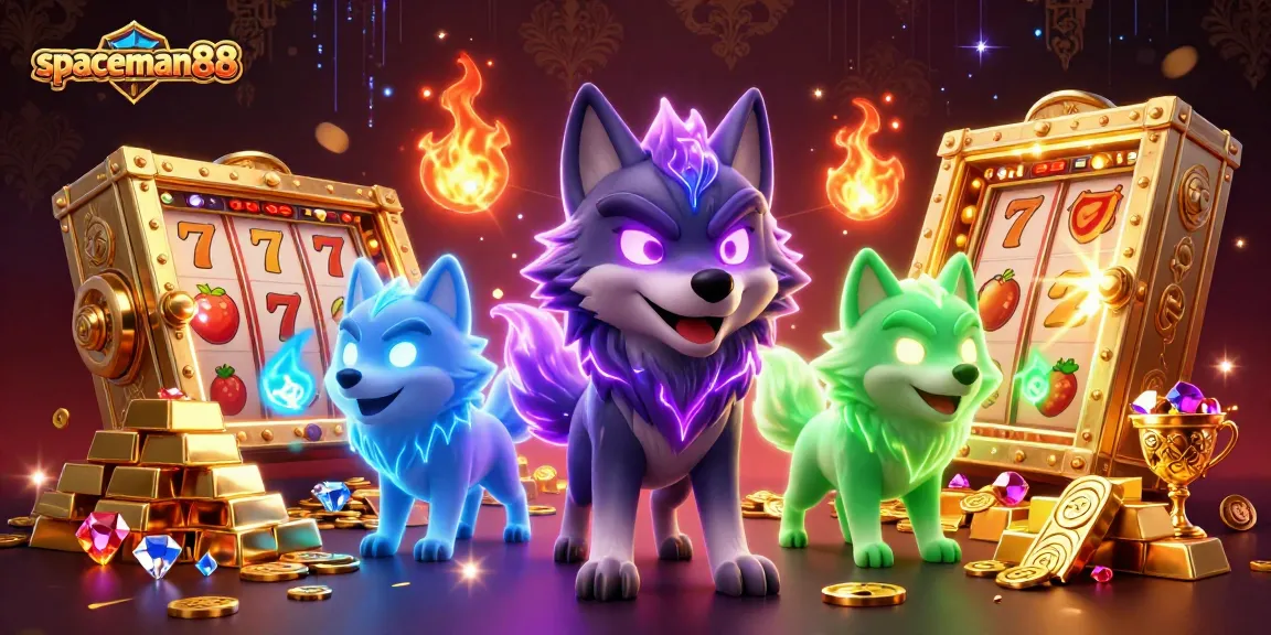Experience excitement with spaceman88 as glowing wolves and treasure fill the casino scene.