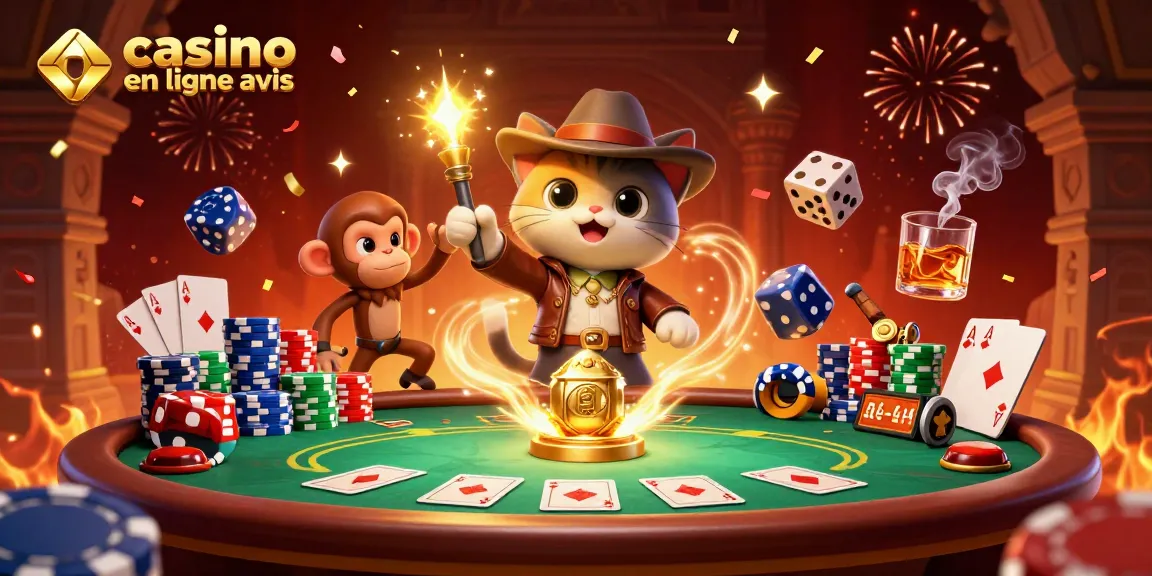 Illustration dynamique du chat archéologue découvrant un artefact de casino en ligne avis, avec un singe compagnon.